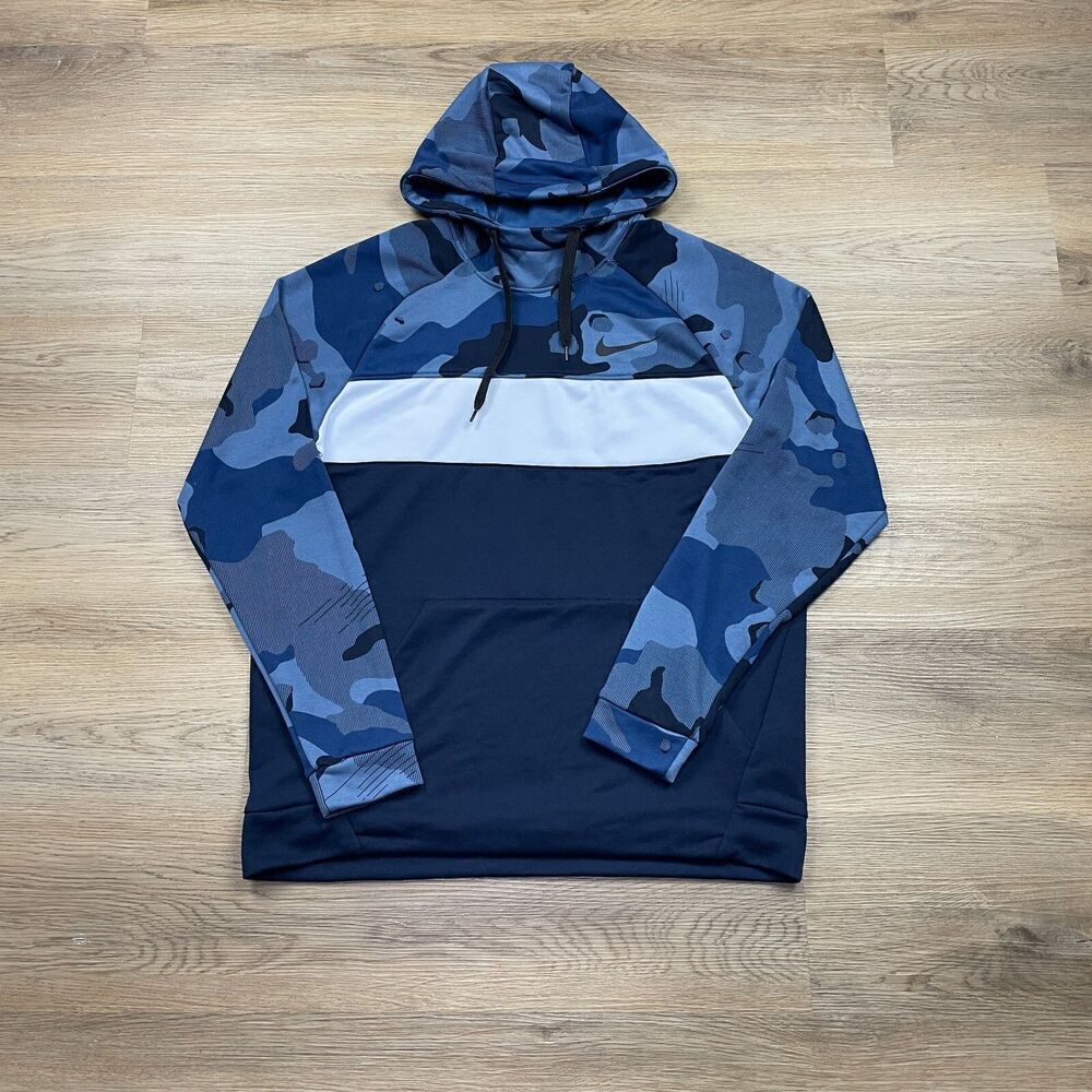 Nike Hoodie Mens Large Blue Camo Dri Fit Pullover Swoosh
